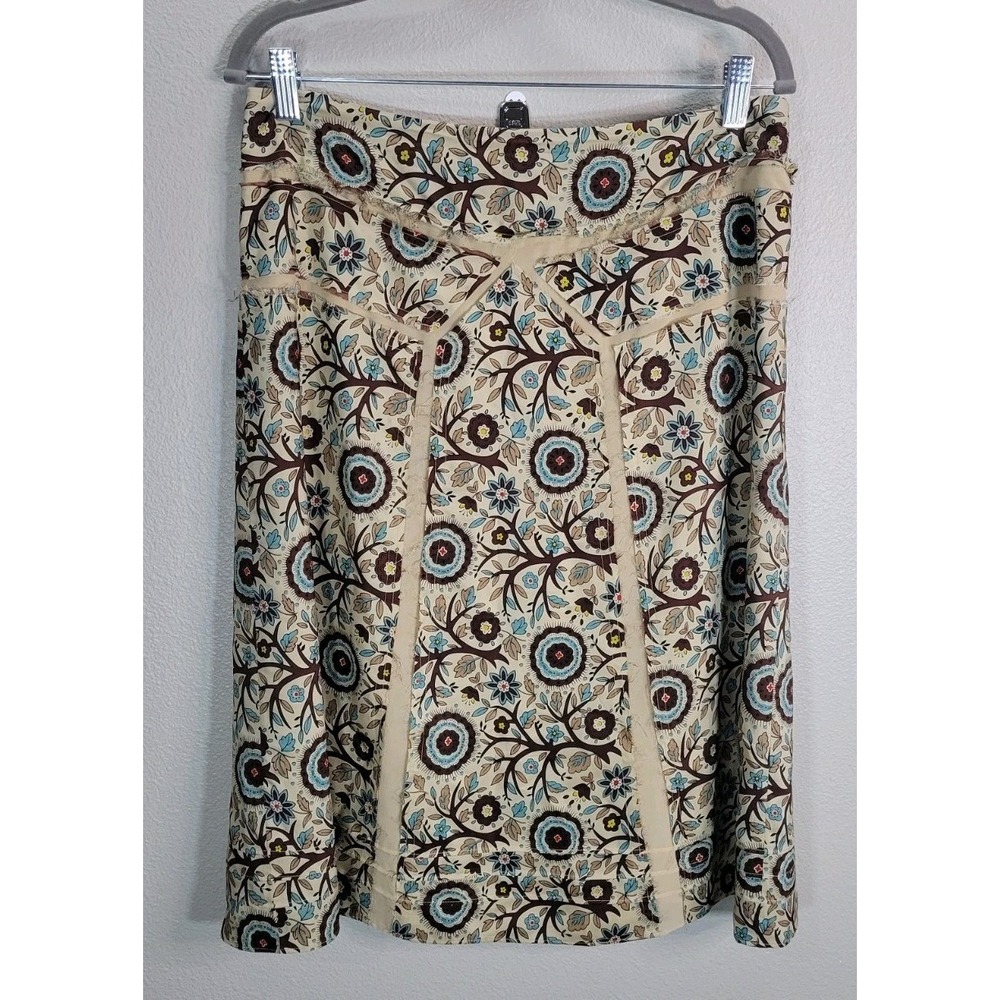 Club Monaco‎ 100% Silk Floral Midi Skirt Size 6 Beige Brown Blue Print Back Zip